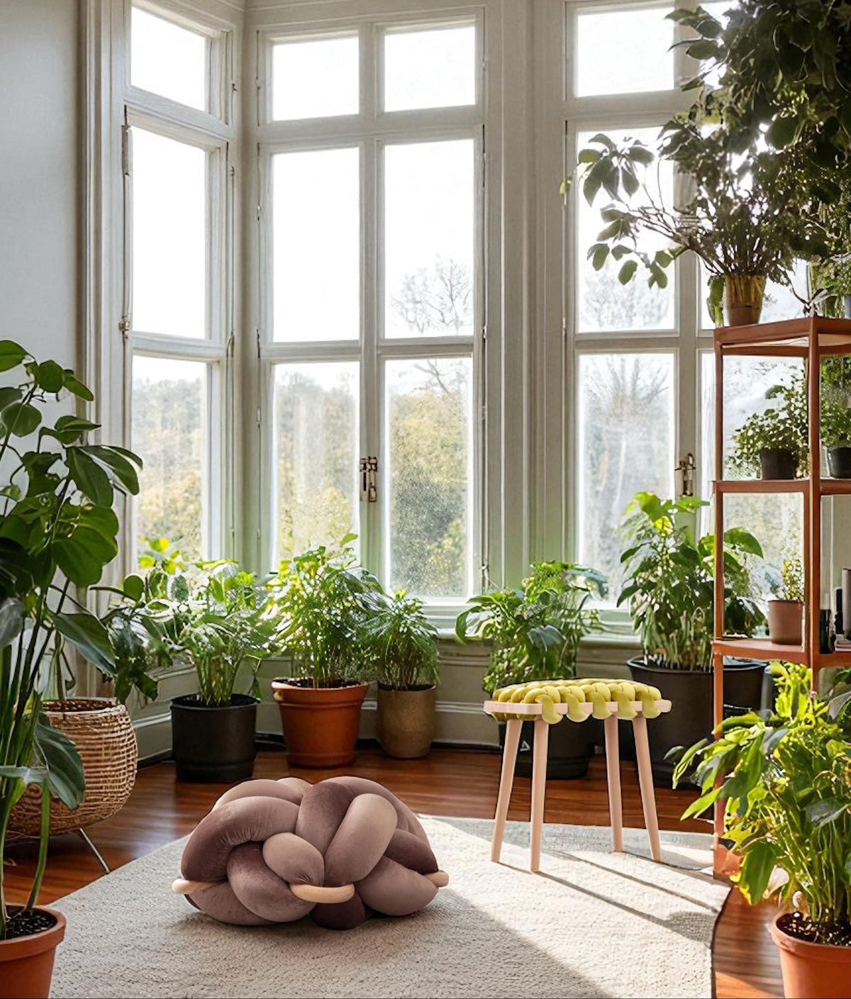 Truffle velvet knot ottoman in a sunroom full of plants