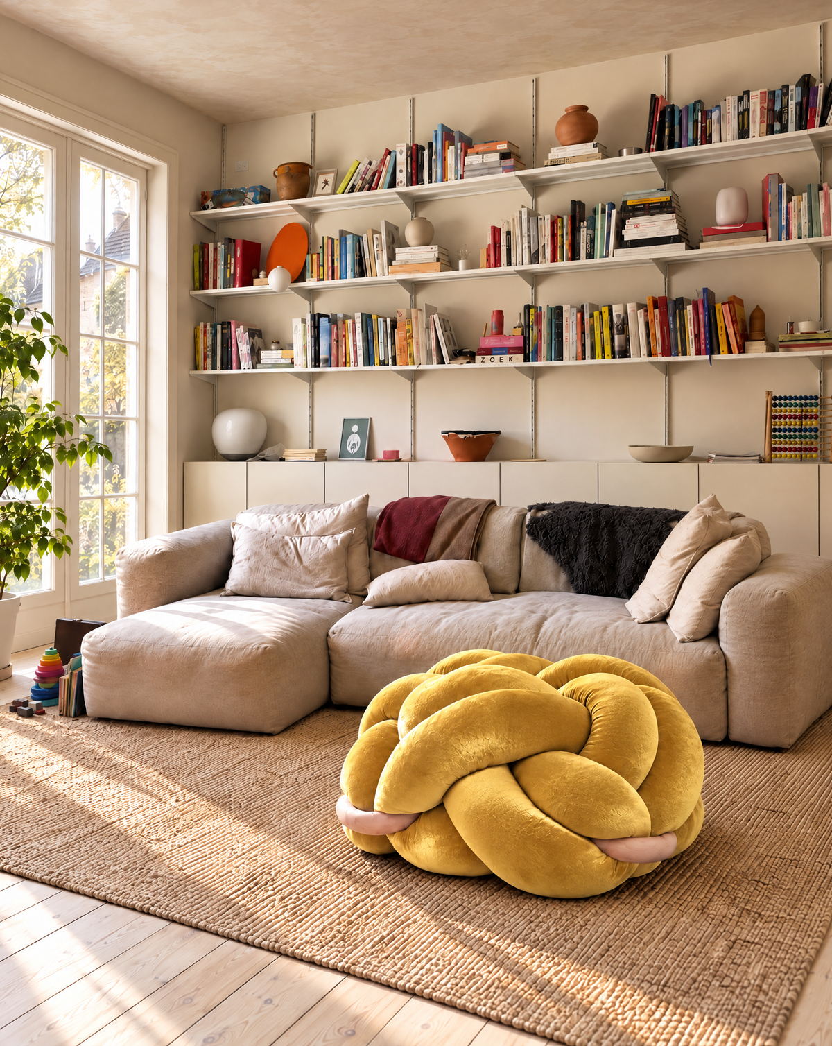 Large sunlight yellow velvet knot ottoman in a living room, three-quarter view