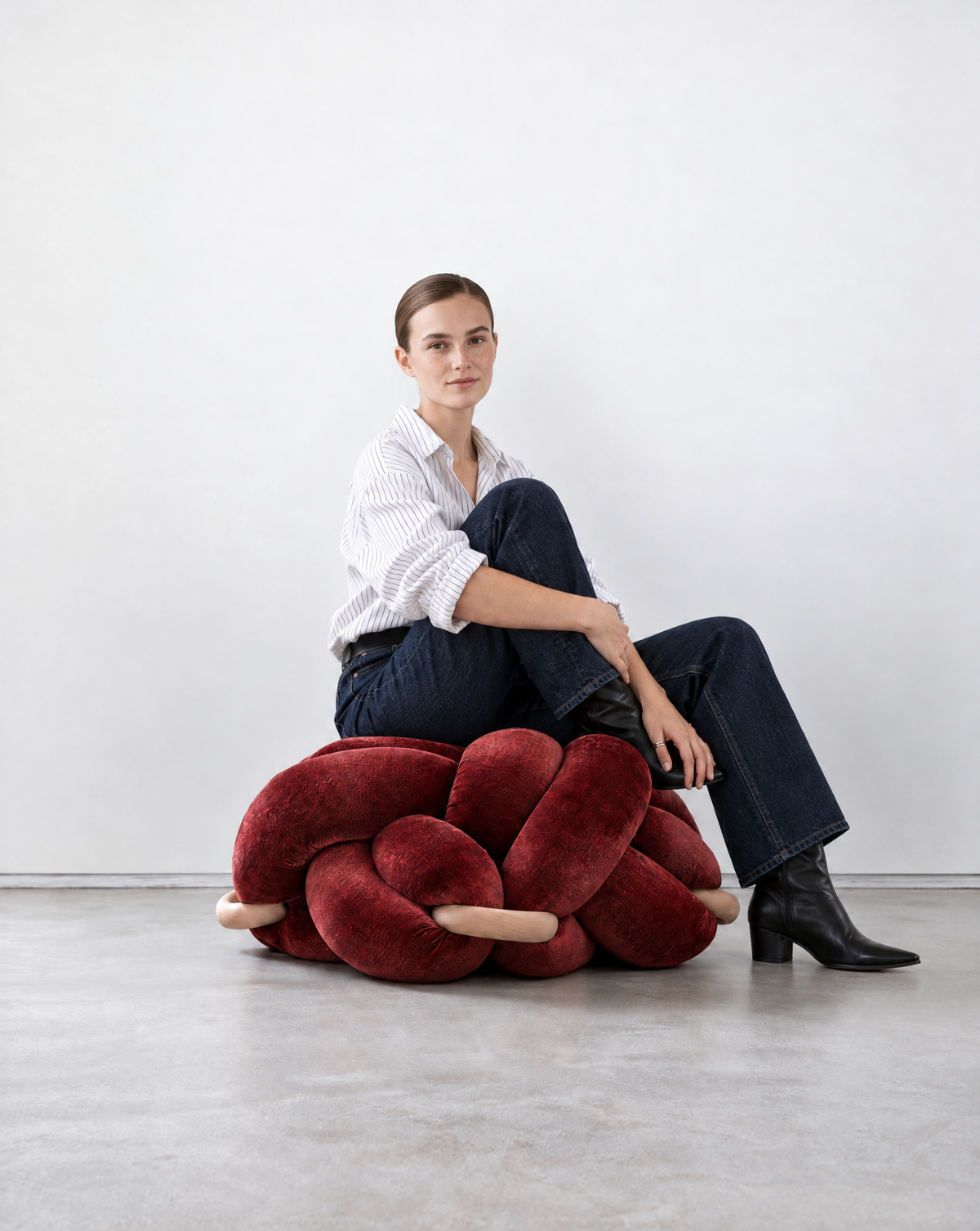 (L) Maroon Velvet Knot Ottoman