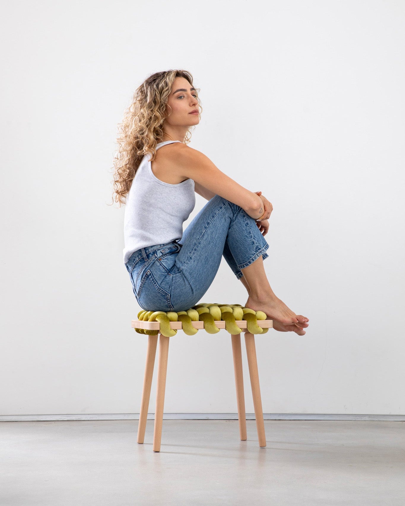 Citron Velvet Woven Stool | Knots Studio