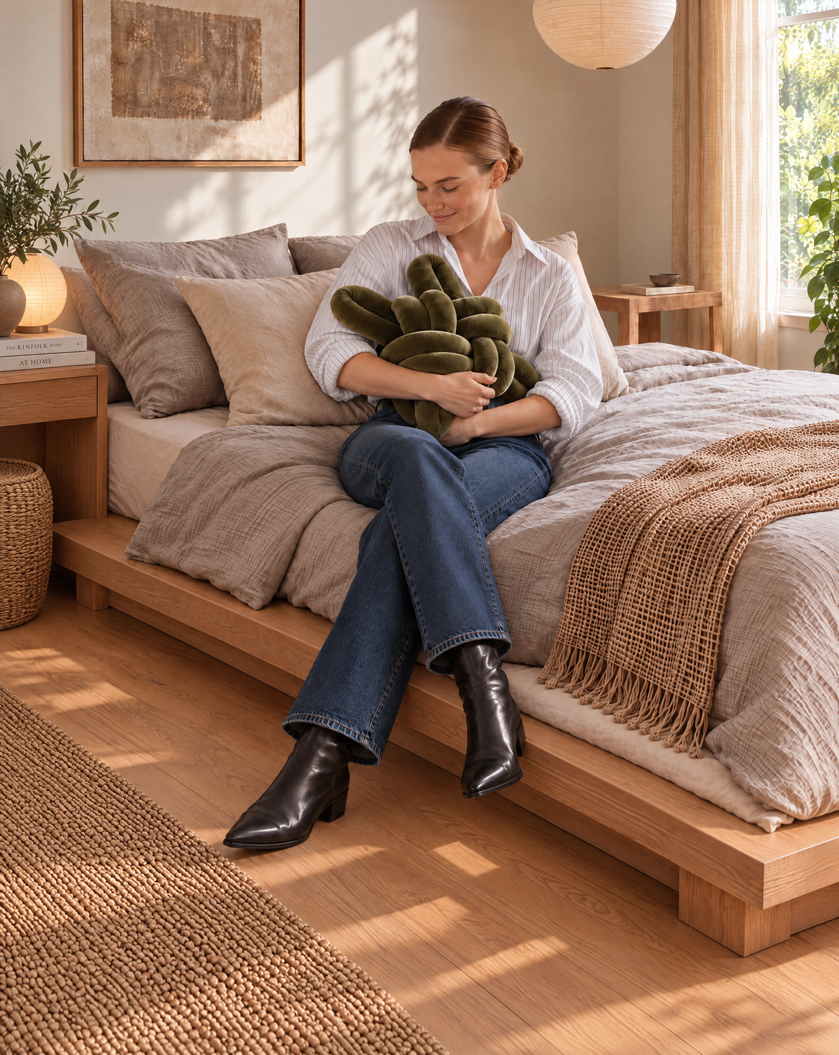 Woman sitting on a bed hugging an olive green velvet knot pillow