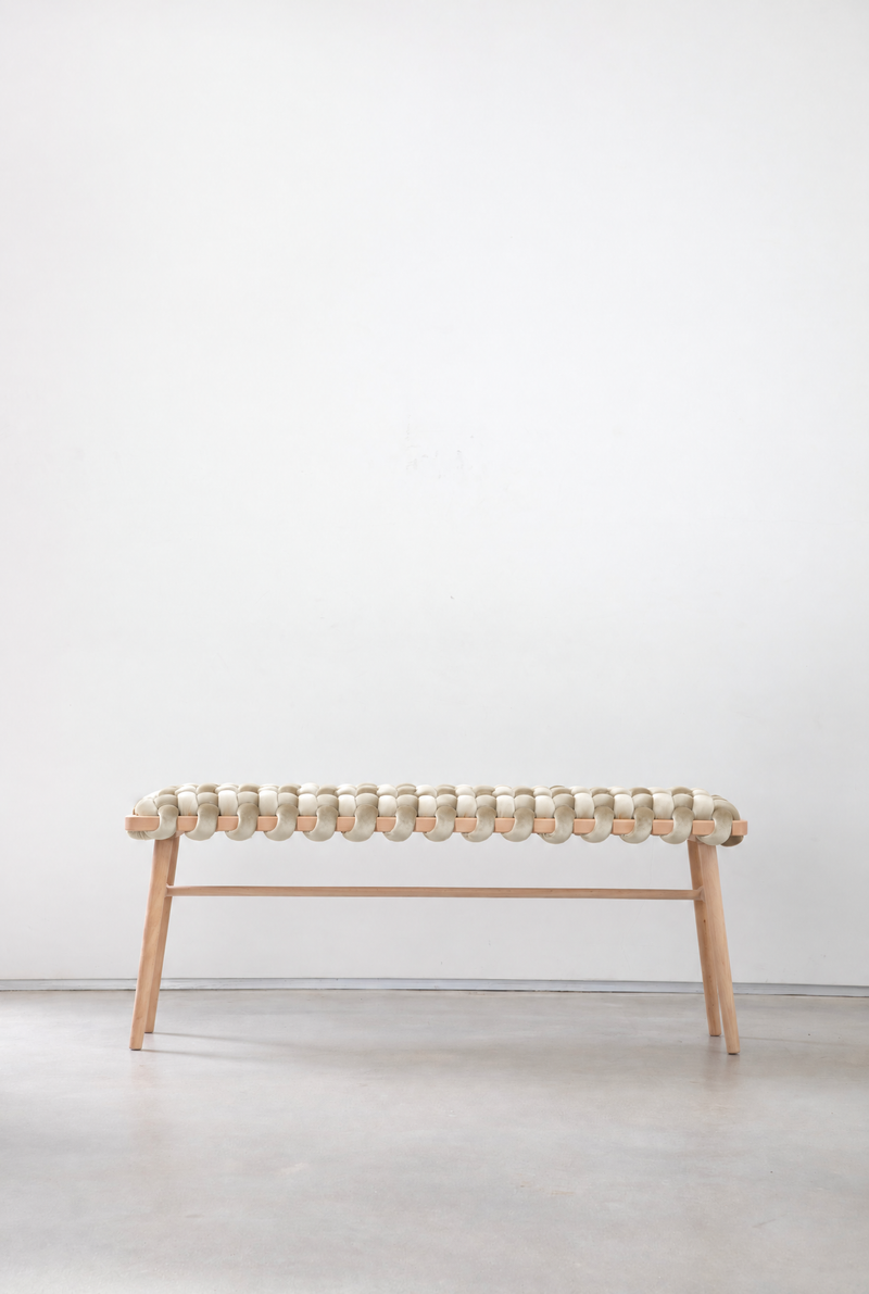Pearl velvet woven bench with a beechwood frame and stretcher bar, side view