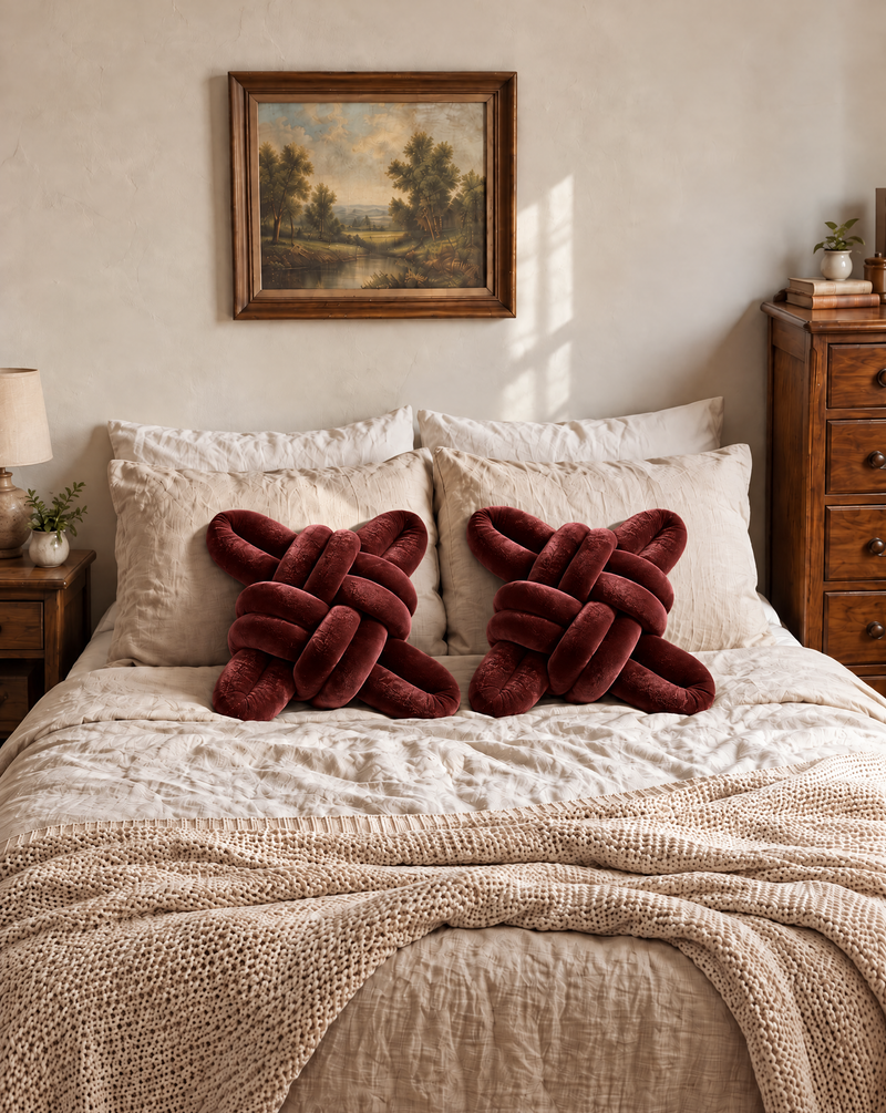 Two maroon velvet knot pillows on a cream bed