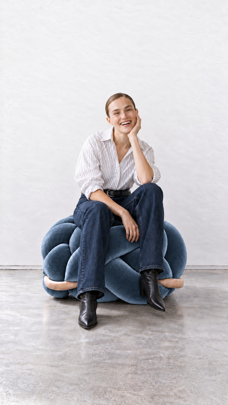 (L) Ocean Blue Velvet Knot Ottoman