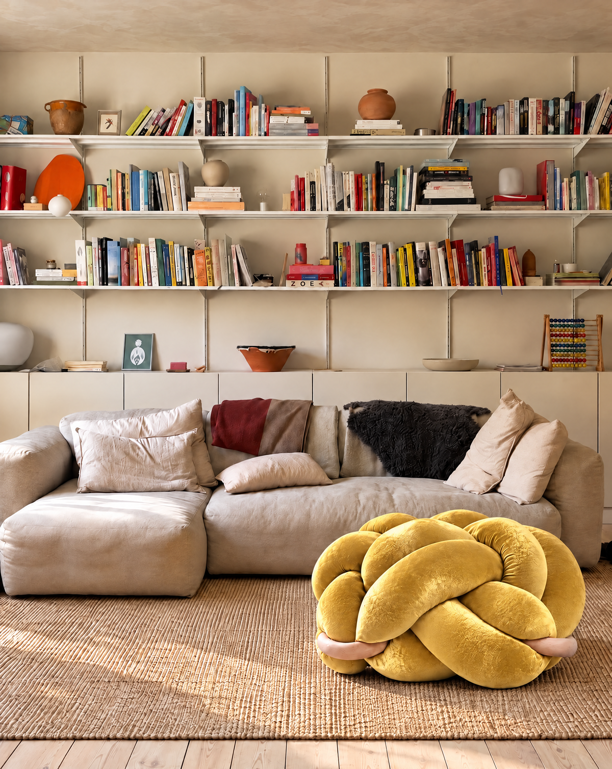 Large sunlight yellow velvet knot ottoman on a rug in front of a sofa