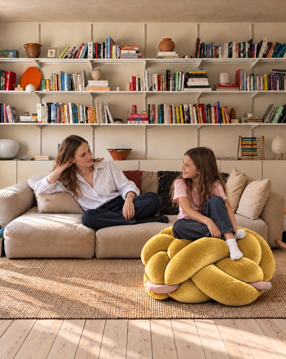 Mother and daughter relaxing with a large sunlight yellow velvet knot ottoman in a living room