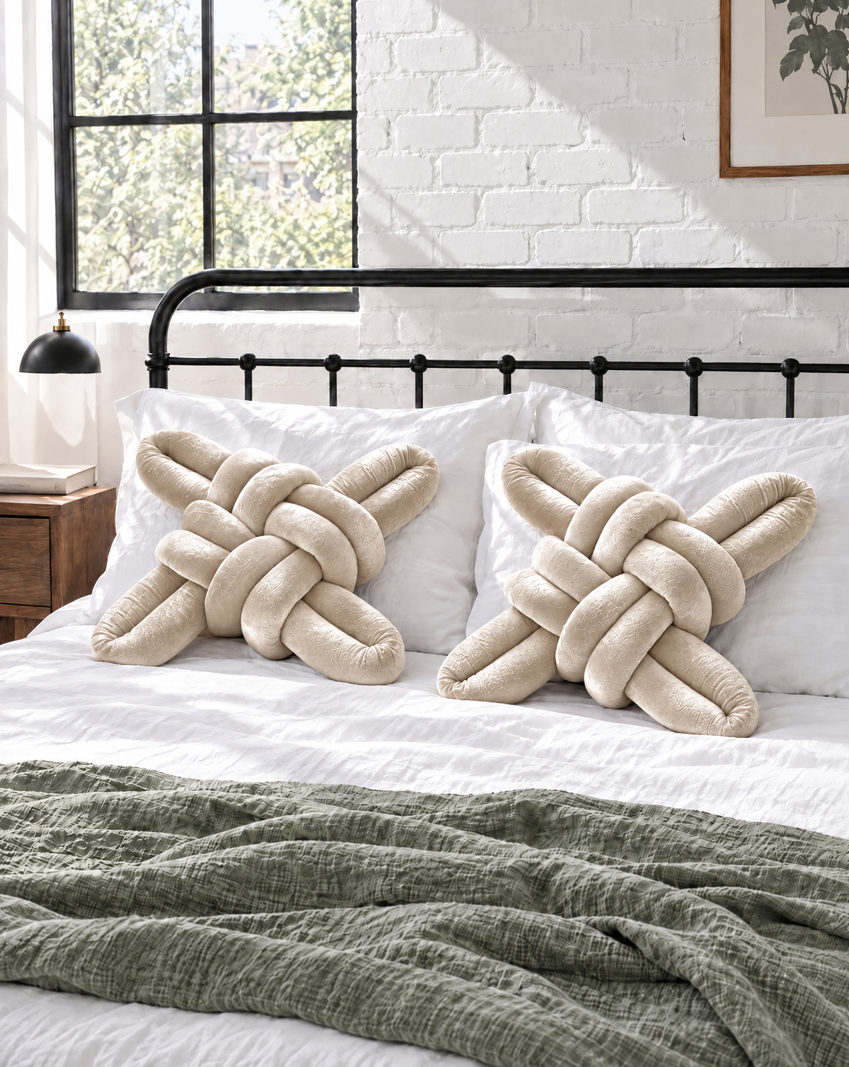 Two pearl velvet knot pillows on a white bed