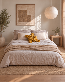 Sunlight yellow velvet knot pillow on a linen bed