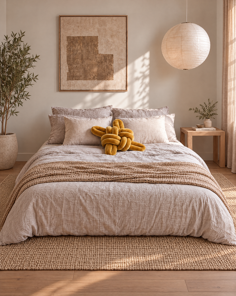Sunlight yellow velvet knot pillow on a linen bed