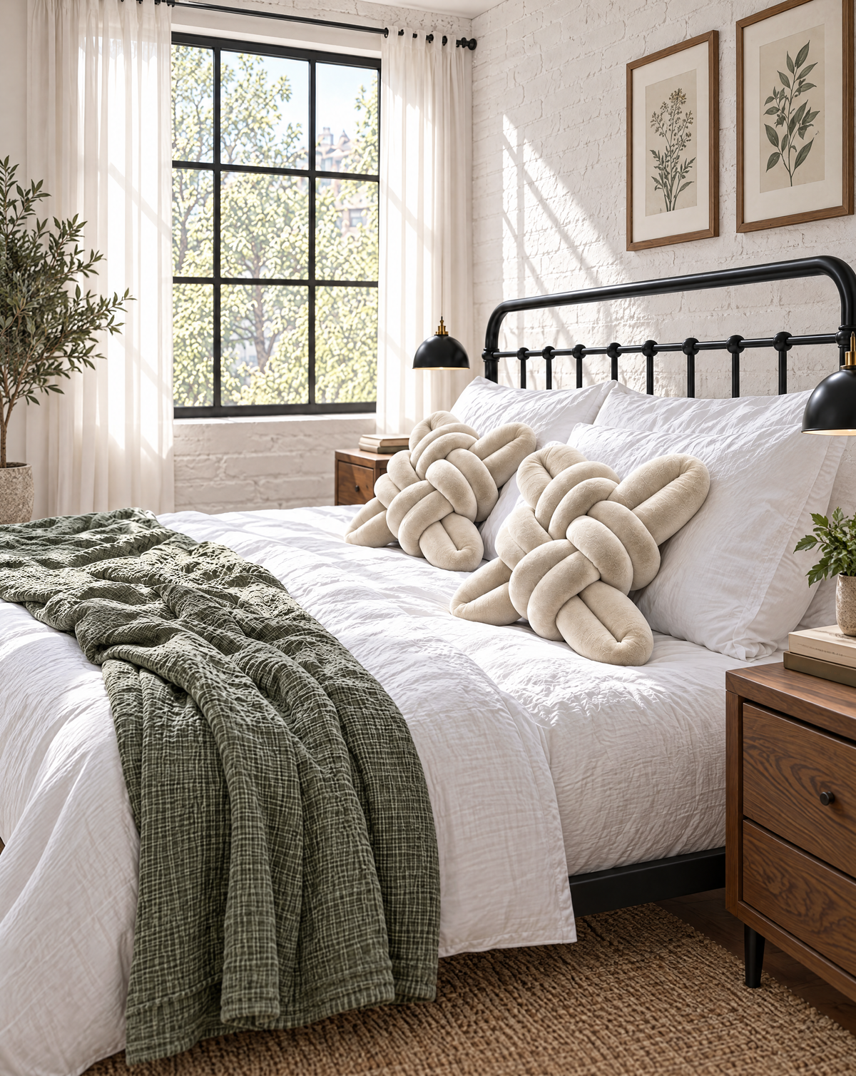 Two pearl velvet knot pillows on a bed with a green throw
