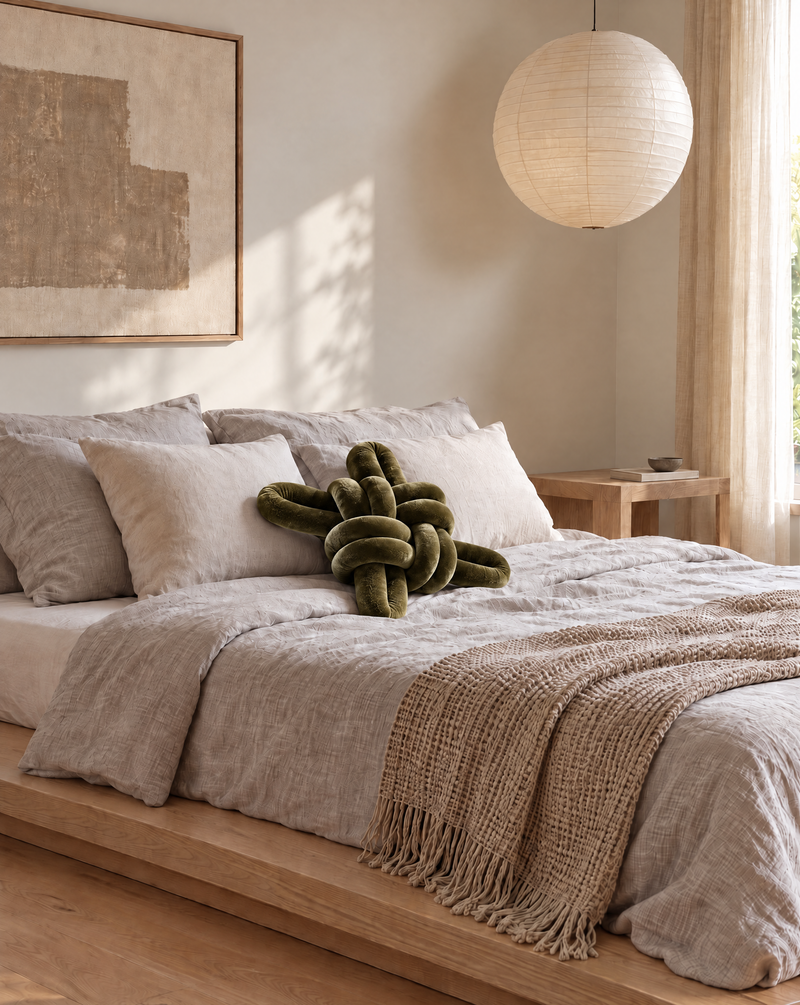 Olive green velvet knot pillow on a linen bed