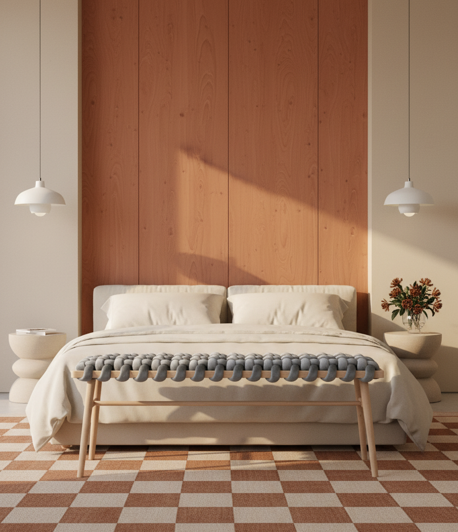 Modern bedroom with wooden panel wall, checkered floor, and white bed.