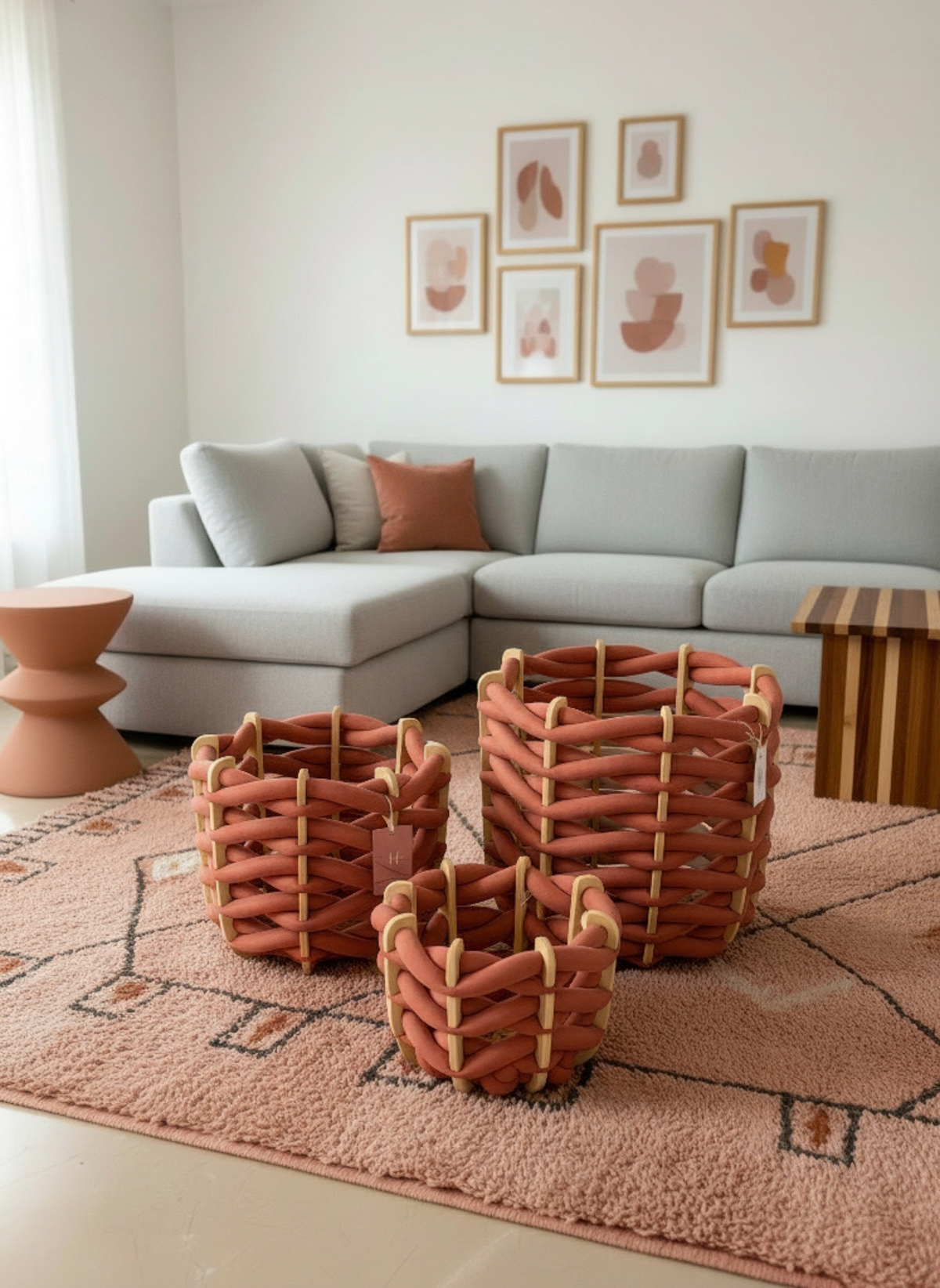 Set of three red earth Hull baskets on a rug in a living room