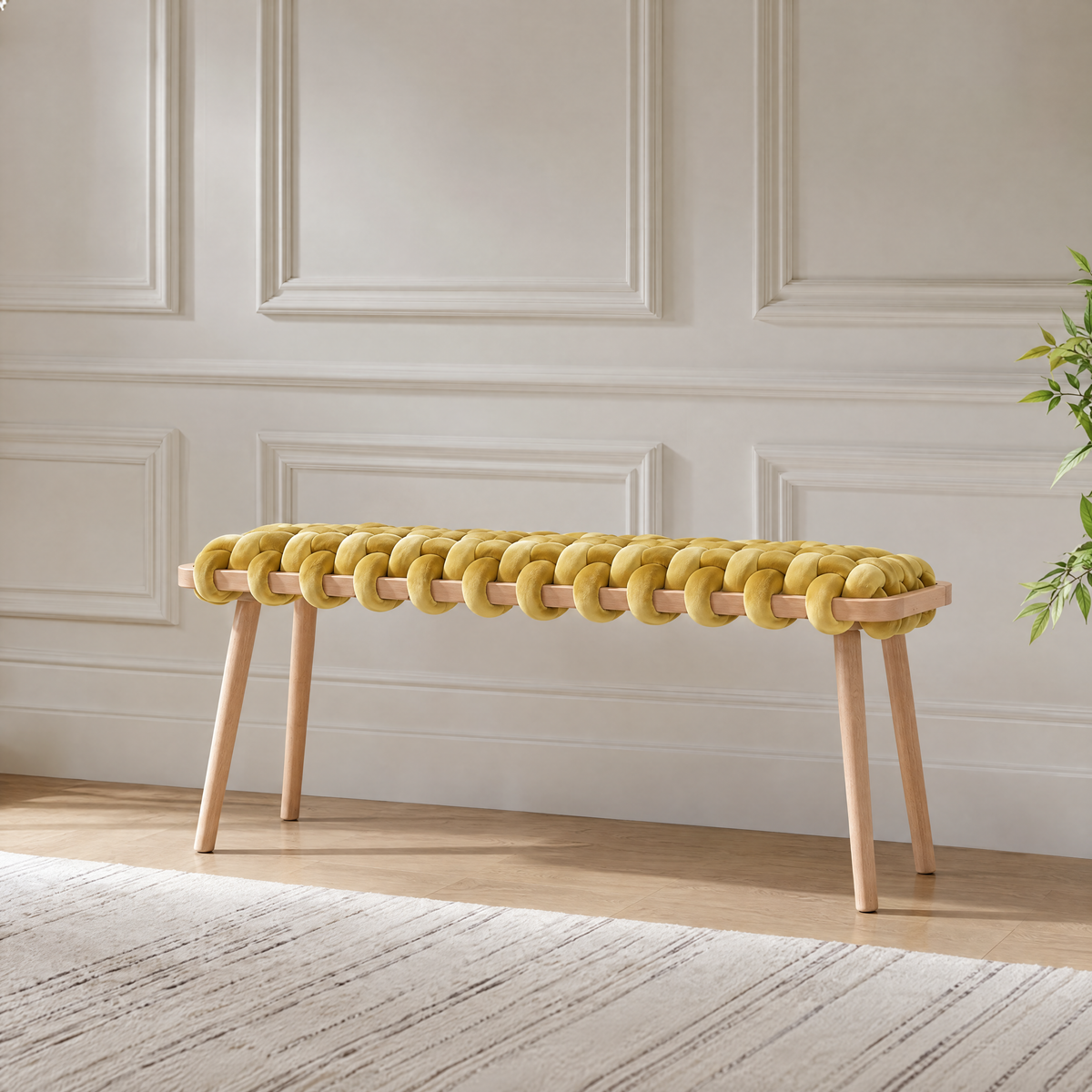 37 inch yellow velvet woven bench against a white panelled wall