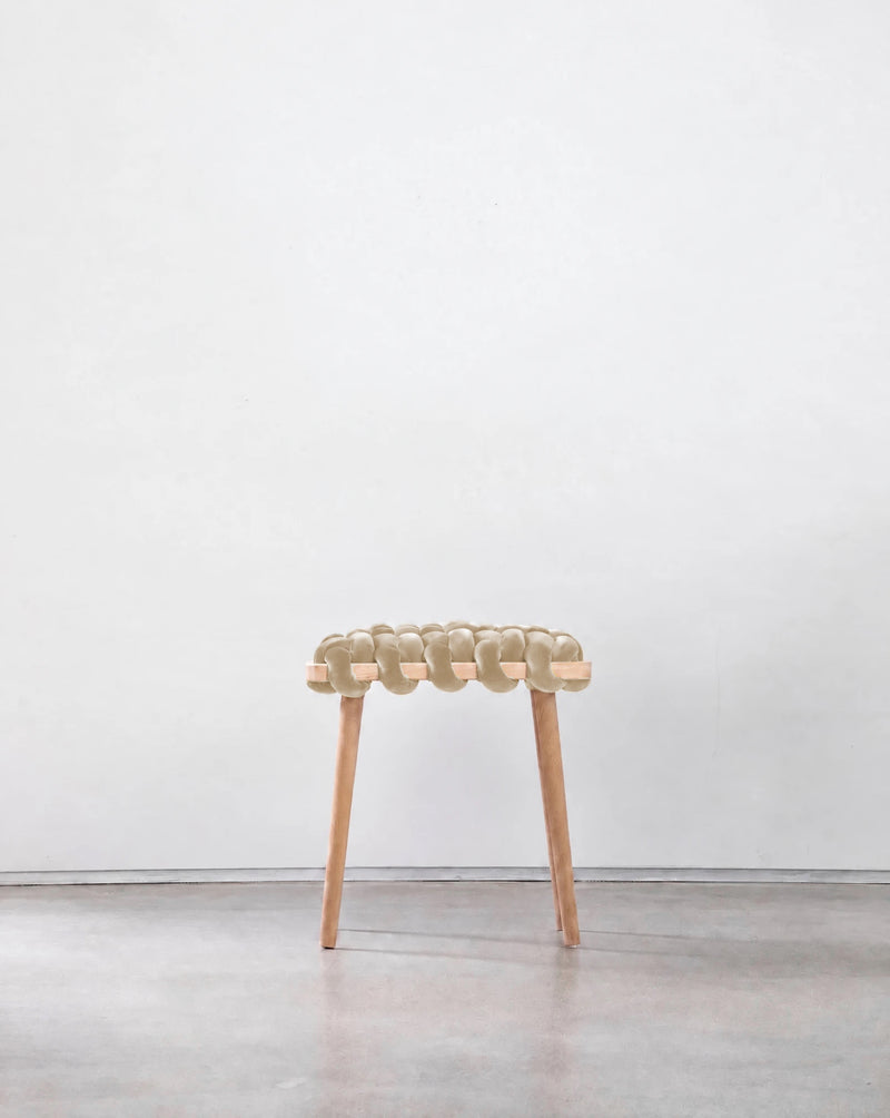 Pearl velvet woven stool with a beechwood frame, front view