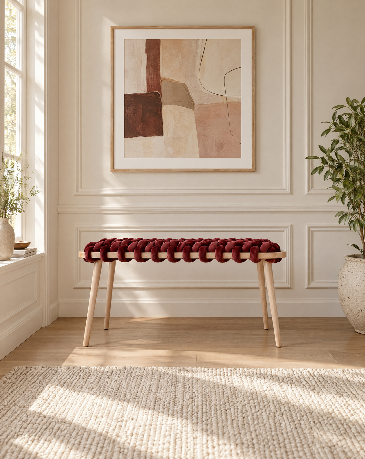 37 inch maroon velvet woven bench under a framed abstract artwork in a panelled room