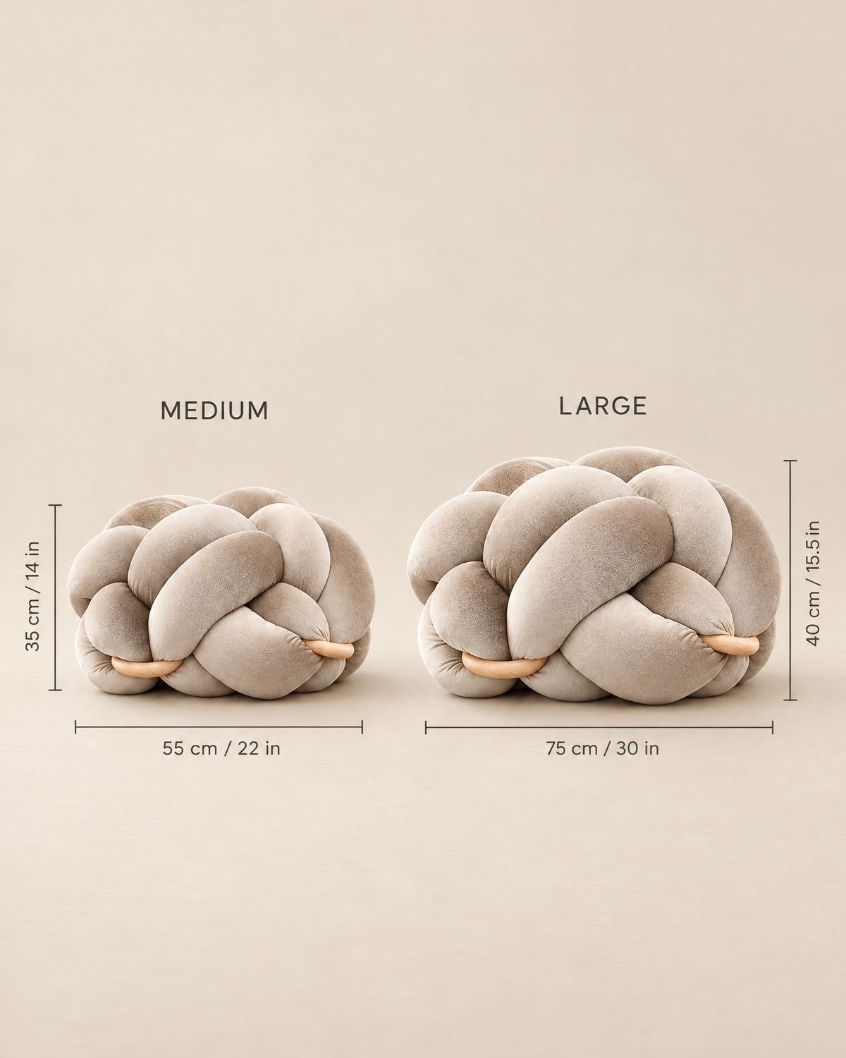 Knot Ottoman size guide: Medium 55 cm / 22 in wide, 35 cm / 14 in high; Large 75 cm / 30 in wide, 40 cm / 15.5 in high
