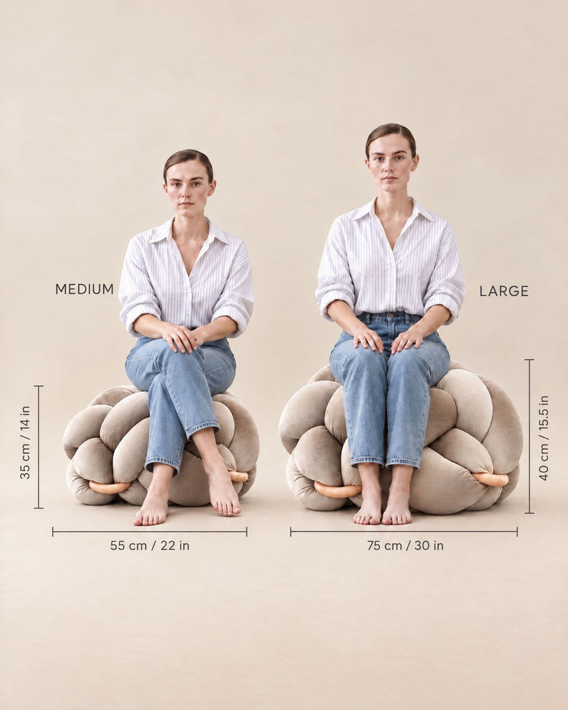Model seated on Medium and Large Knot Ottomans to show scale