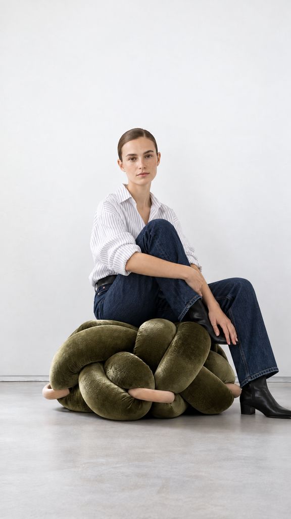 Woman sitting on a large olive green velvet knot ottoman