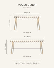 Dimension drawing of the Knots Studio woven bench: 37 in / 94 cm and 47 in / 120 cm long, 19.5 in / 50 cm high, 12.5 in / 32 cm deep