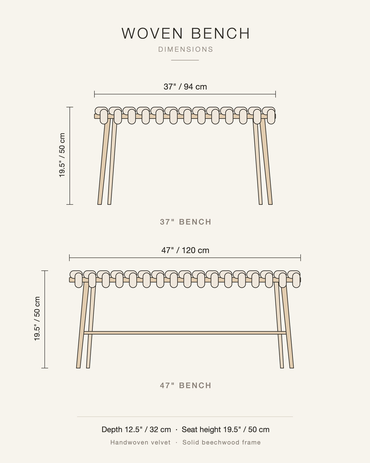 Dimension drawing of the Knots Studio woven bench: 37 in / 94 cm and 47 in / 120 cm long, 19.5 in / 50 cm high, 12.5 in / 32 cm deep