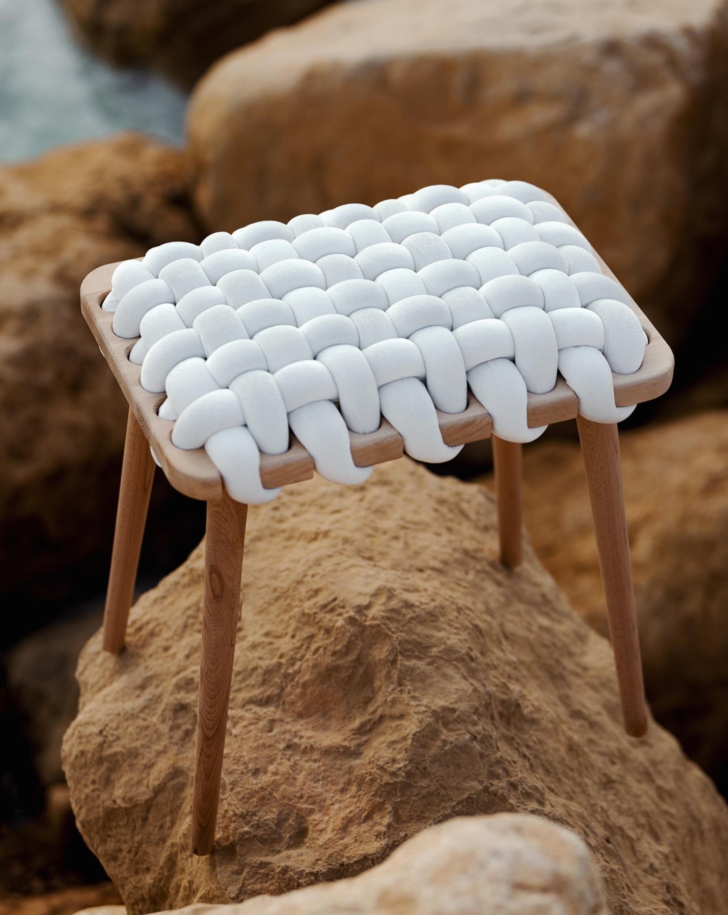 Salt White Velvet Woven Stool